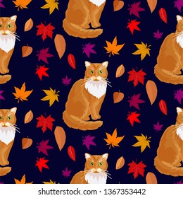 Cat seamless pattern. Kitten and leaves vector for cape and umbrella design