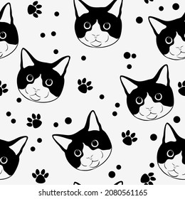 cat seamless pattern kitten paw vector footprint calico pet animal head breed halloween scarf isolated repeat background cartoon tile wallpaper doodle illustration design

