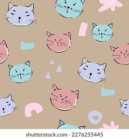 cat seamless pattern kitten paw footprint head calico vector pet scarf isolated repeat background cartoon animal tile wallpaper illustration doodle design