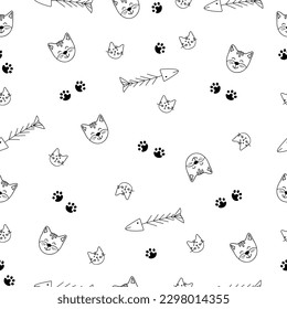 Cat seamless pattern, kitten paw, cat vector, isolated pattern, repeat background, wallpaper cartoon.