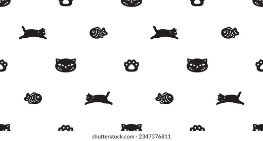 cat seamless pattern kitten paw footprint neko face head taiyaki fish vector japanese food cartoon character pet gift wrapping paper repeat wallpaper tile background animal doodle illustration design 