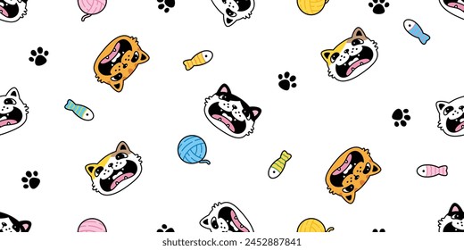 cat seamless pattern kitten paw footprint vector fish yarn ball japan calico neko munchkin pet cartoon doodle tile background gift wrapping paper repeat wallpaper illustration isolated