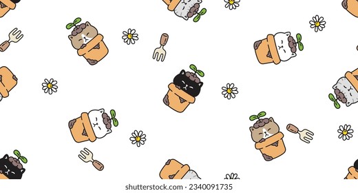 cat seamless pattern kitten plant pot flower daisy shovel hand fork calico neko vector character cartoon face head breed pet gift wrapping paper tile background repeat wallpaper animal doodle illustra