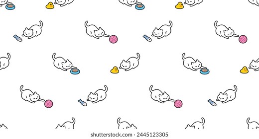 cat seamless pattern kitten playing toy neko footprint calico munchkin pet vector cartoon doodle gift wrapping paper tile background repeat wallpaper illustration isolated design