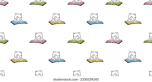 cat seamless pattern kitten reading book calico neko vector cartoon character breed pet gift wrapping paper tile background repeat wallpaper animal doodle illustration design scarf isolated