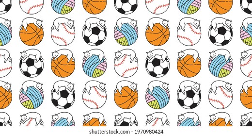 cat seamless pattern kitten sleeping beach ball calico basketball baseball sport pet scarf isolated cartoon animal tile wallpaper repeat background doodle illustration design