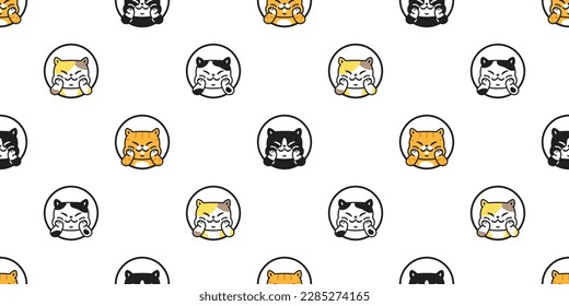 cat seamless pattern kitten smile vector calico breed neko cartoon character round circle pet tile background repeat wallpaper scarf isolated illustration doodle design