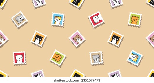 cat seamless pattern kitten stamp post mail neko vector cartoon character pet gift wrapping paper tile background repeat wallpaper animal doodle illustration design scarf isolated