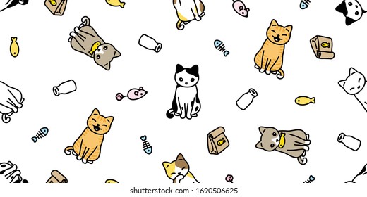 cat seamless pattern kitten toy fish milk bone mouse vector calico pet animal scarf isolated repeat background cartoon tile wallpaper doodle illustration design