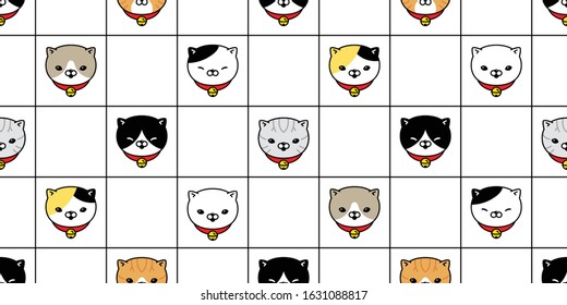 cat seamless pattern kitten vector calico breed checked collar bell scarf isolated repeat background tile wallpaper cartoon doodle illustration design