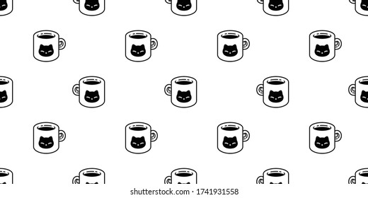 cat seamless pattern kitten vector cup coffee tea milk glass calico animal pet scarf isolated repeat background cartoon tile wallpaper illustration doodle design