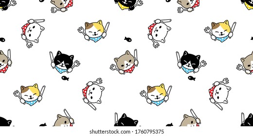 cat seamless pattern kitten vector chef kitchen cooking eating food fish baked bakery breed calico animal pet scarf isolated repeat background cartoon tile wallpaper illustration doodle design