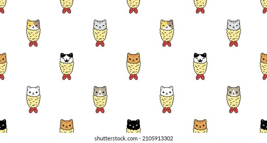 Cat Seamless Pattern Kitten Vector Tempura Calico Japan Food Shrimp Breed Neko Cartoon Character Pet Tile Background Repeat Wallpaper Scarf Isolated Illustration Doodle Design