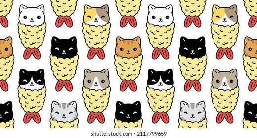 cat seamless pattern kitten vector tempura calico japan food shrimp breed neko cartoon character pet tile background repeat wallpaper doodle illustration design scarf isolated
