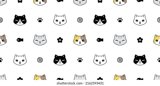 cat seamless pattern kitten vector calico neko breed face head cartoon character yarn ball pet tile background repeat wallpaper animal doodle illustration design scarf isolated