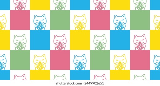 cat seamless pattern kitten vector yarn ball calico neko munchkin pet cartoon doodle checked tile background gift wrapping paper repeat wallpaper illustration isolated design