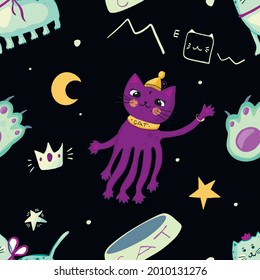 Cat seamless pattern. Magic animals. Kids wallpaper. Children wrapping paper. Royal cats.