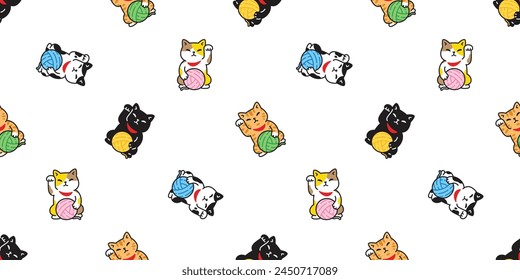 cat seamless pattern manekineko kitten vector lucky cat yarn ball japan calico neko munchkin pet cartoon doodle tile background gift wrapping paper repeat wallpaper illustration isolated