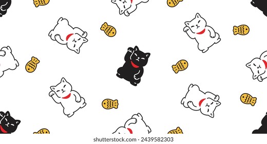 cat seamless pattern manekineko vector kitten lucky cat taiyaki japan calico neko munchkin pet cartoon doodle tile background gift wrapping paper repeat wallpaper illustration isolated design