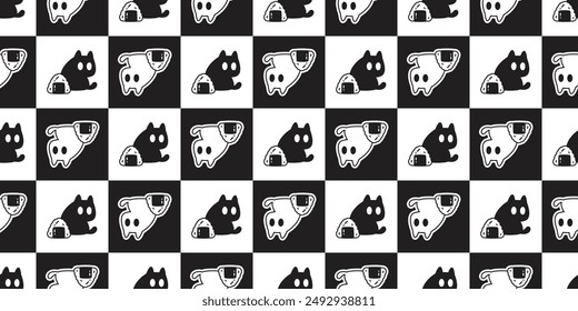 cat seamless pattern onigiri kitten calico neko japan food checked vector pet cartoon doodle tile background gift wrapping paper repeat wallpaper scarf isolated illustration design