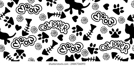 Cat seamless pattern with paw prints and letters. Animal print for textile. Pet print about love. Cat love, cat couple, Meow lover.