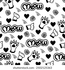 Cat seamless pattern with paw prints and letters. Animal print for textile. Pet print about love. Cat love, cat couple, Meow lover.