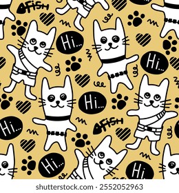 Gato sin patrón con huellas de patas y letras. Estampado animal para textil. Estampado de mascotas sobre el amor. Amante de los gatos.