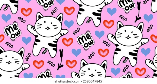 Cat seamless pattern with paw prints and letters. Animal print for textile. Pet print about love. Cat love, cat couple, Meow lover.