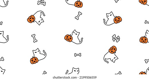 cat seamless pattern pumpkin Halloween bone skull vector kitten calico tile background scarf isolated gift wrapping paper repeat wallpaper cartoon lamp illustration design