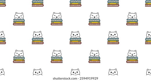 cat seamless pattern reading book kitten calico cartoon doodle pet gift wrapping paper tile background repeat wallpaper illustration