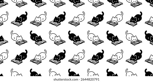cat seamless pattern reading book kitten calico cartoon doodle pet animal illustration tile background gift wrapping paper repeat wallpaper white scarf isolated