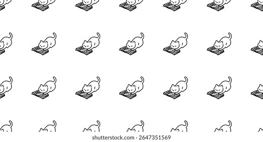 cat seamless pattern reading book kitten calico doodle cartoon pet animal illustration tile background gift wrapping paper repeat wallpaper white scarf isolated