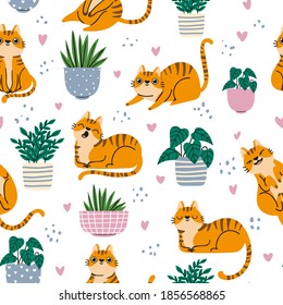 Cat seamless pattern. Red cats and plants in pots repeated wallpaper in scandinavian style. Cartoon funny kittens print, vector background. Illustration scandinavian background pet striped