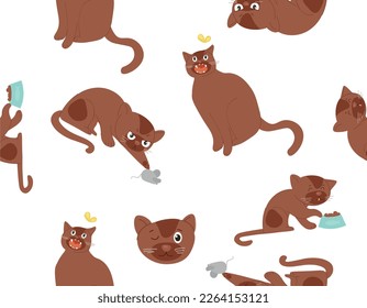 Cat seamless pattern. Repeating design element for printing on fabric. Brown kitten, playful character with butterfly, mouse and food in bowl. Pet and animal. Cartoon flat vector illustration