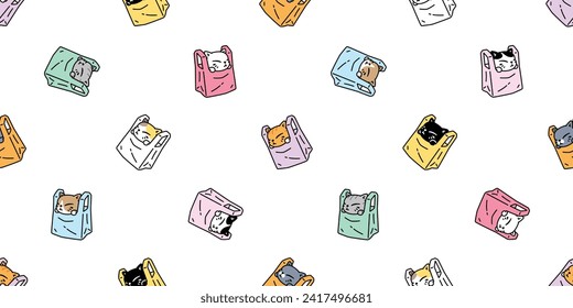 cat seamless pattern shopping bag plastic vector kitten calico munchkin neko cartoon pet doodle gift wrapping paper illustration tile background repeat wallpaper isolated design