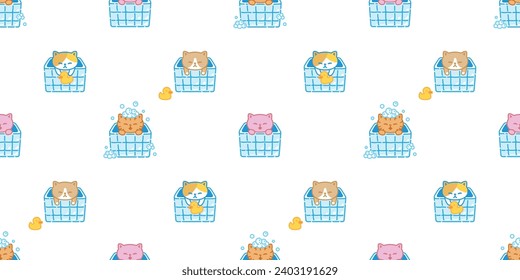 cat seamless pattern shower bathroom bathtub soap bubble kitten calico munchkin neko vector cartoon pet sticker doodle gift wrapping paper tile background repeat wallpaper illustration isolated design