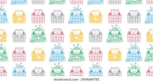 cat seamless pattern shower bathroom bathtub soap bubble kitten calico munchkin neko vector cartoon pet sticker doodle gift wrapping paper repeat wallpaper tile background illustration isolated design