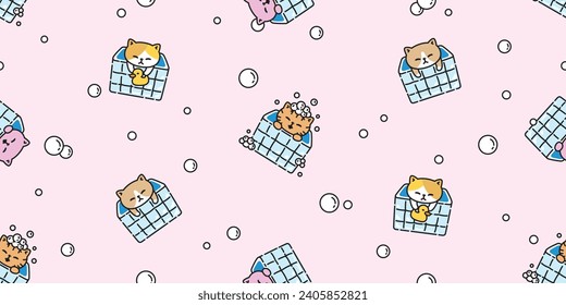 cat seamless pattern shower bathroom bathtub soap bubble kitten calico munchkin neko vector cartoon pet sticker doodle gift wrapping paper illustration tile background repeat wallpaper isolated design