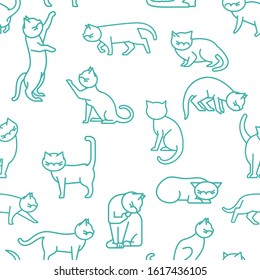 Cat seamless pattern in a simple style. Domestic animal, pet language. Happy playful kittens. Kitty reaction. Trendy fabric, textile, texture, wallpaper. Vector illustration on white background