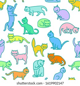 Cat seamless pattern in a simple style. Domestic animal, pet language. Happy playful kittens. Kitty reaction. Trendy fabric, textile, texture, wallpaper. Vector illustration on white background