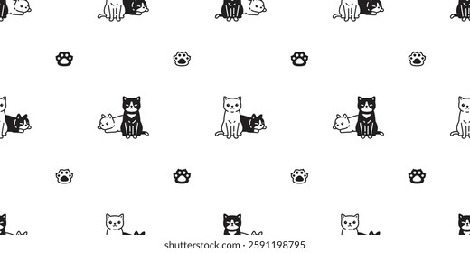 cat seamless pattern sitting sleeping cartoon kitten paw footprint calico doodle pet gift wrappingpaper tile background repeat wallpaper illustration