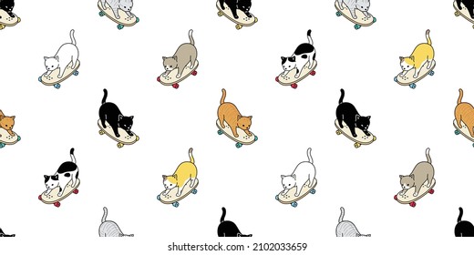 cat seamless pattern skateboard kitten vector calico skating surf skate extreme sport breed neko cartoon character pet repeat wallpaper tile background scarf isolated illustration doodle design