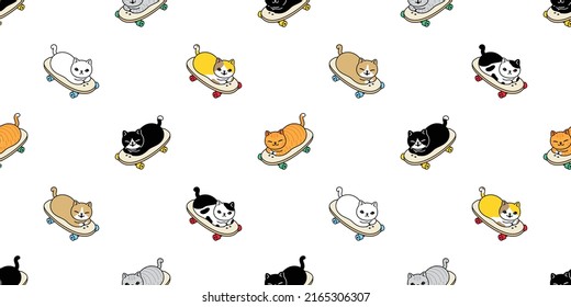 cat seamless pattern skateboard kitten vector calico skating surf skate extreme sport breed neko character cartoon pet repeat wallpaper tile background scarf isolated illustration doodle design