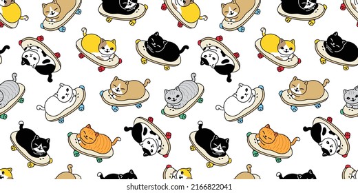 cat seamless pattern skateboard kitten vector calico skating surf skate extreme sport breed neko cartoon character pet repeat wallpaper tile background scarf isolated illustration doodle design