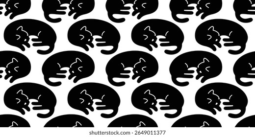 cat seamless pattern sleeping black kitten calico halloween doodle cartoon pet animal illustration tile background gift wrapping paper scarf isolated repeat wallpaper