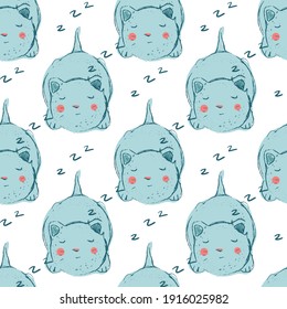 Cat seamless pattern. Small cat sleeping. Blue kitty background