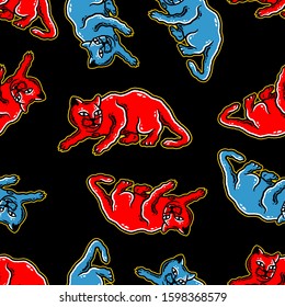 Cat. Cat Seamless Pattern. Cat is Sneaking Cartoon Style. Cats Colorful Seamless Pattern on black background isolated. Stock Vector Illustration. Cartoon style.