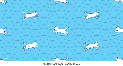 cat seamless pattern swimming calico kitten cartoon doodle pet animal illustration gift wrapping paper tile background repeat wallpaper scarf isolated