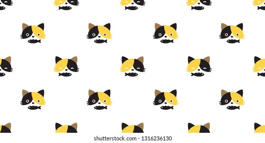 cat seamless pattern vector calico head kitten fish scarf isolated repeat wallpaper cartoon tile background illustration