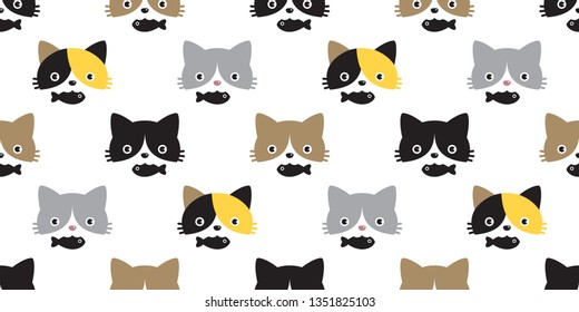 cat seamless pattern vector calico fish head black kitten pet repeat wallpaper cartoon tile background scarf isolated illustration